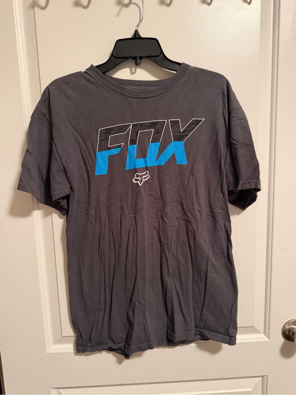 Fox Short Sleeve Logo Tee in Charcoal with Bright Blue Accent